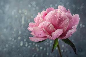 Partly open pink peony and stem with raindrops. photo