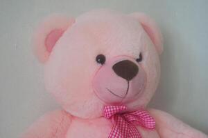 The cute smile of a pink teddy bear that has soft fur photo