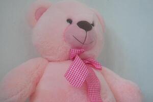 A cute pink teddy bear is leaning against a wall photo