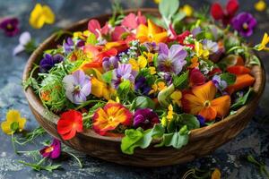 Fresh salad of spring vegetables decorated with edible flowers photo