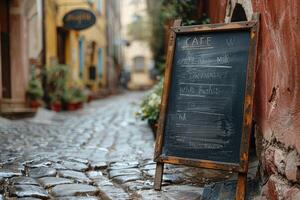 Mockup. Chalkboard menu on a historic street photo