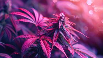 Marijuana plant growing under color lighting. Colored neon large leaves and buds of cannabis hemp. photo