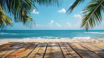 Empty wood table over blue sea, beach and palm leaves background in summer day. Space for product display. photo