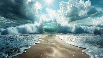 Biblical motif, breathtaking view of two towering ocean waves converging on a sandy beach photo