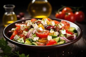 griego ensalada con queso feta queso y aceituna petróleo en lámina. griego sano comida foto