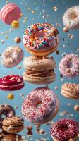 Floating sweets and treats on a blue backdrop. Donuts and cupcakes flying over blue background. photo