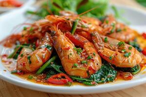 Fried prawns or shrimps with spinach, chili and garlic in white plate. photo