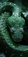 Coiled green snake with raindrops on its skin photo