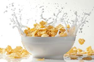 Cornflakes exploding in milk splash in a bowl photo