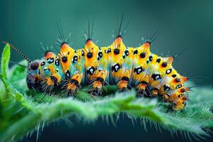 Closeup shot of a caterpillar crawling on the green plant photo