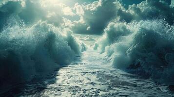 Ocean separate up to form canal. Bible miracle of Moses parting red sea for passage photo