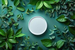 Minimalistic image displaying a cream empty plate surrounded by various green leaves on a teal background photo