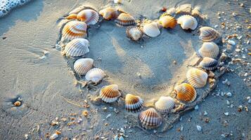 corazón forma hecho con conchas marinas en arena foto