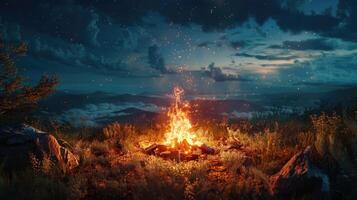 Blazing campfire in a dark forest at night photo
