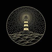 Lighthouse at night in the middle of the sea with calm and peaceful waves vector