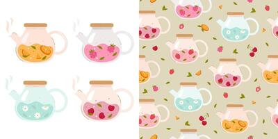 Pattern and set teapots with different flavors vector