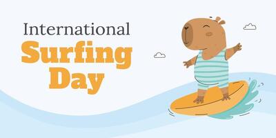 Banner for international surf day with capybara vector