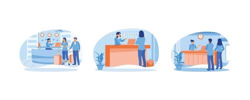 The reception is in the hotel lobby. Hotel guests consult with the receptionist. Check-in at the hotel. Hotel Receptionist concept. Set flat illustration. vector