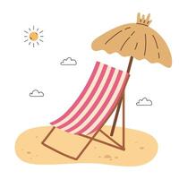 Straw beach umbrella and sun lounger on the beach vector