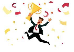 The business man was celebrating and jumping with a trophy in his hand, enjoying business victories. Business concept success illustration vector