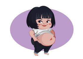 linda mujer dibujos animados sensación gordo. holidng su estómago. belleza cuidado de la salud ilustración vector