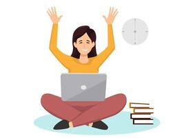 Woman working on laptop, finishing on time with rush working hours. vector