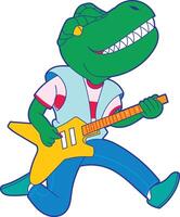 a cartoon of a dinosaur playing a guitar with a dinosaur on it. vector