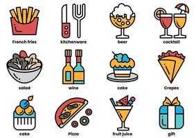 A set of food and drink icons, including a pizza, a salad, a cake, a wine bottle vector