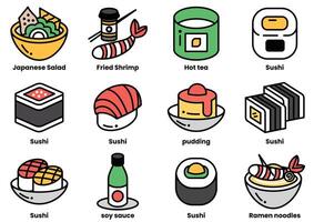 un colección de comida artículos incluso Sushi, ramen, y pudines vector