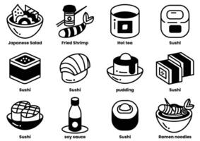 A collection of food items including sushi, ramen, and puddings vector