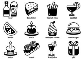 A set of food icons including a sandwich, a hamburger, a cake, a lemon vector