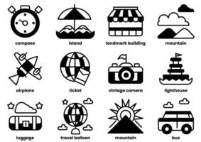 The image is a collection of various travel-related icons, including airplanes vector