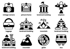 The image is a collection of icons representing various landmarks and buildings vector