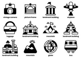 The image is a collection of icons representing various landmarks and buildings vector