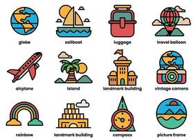 These icons include a plane, a boat, a suitcase, a camera, a clock vector