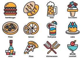 el imagen es un colección de comida y bebida iconos, incluso pizza, pastel, vino vector