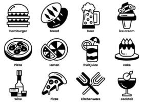 The image is a collection of food and drink icons, including pizza, cake, wine vector