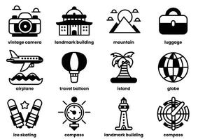 A variety of travel-related icons, including airplanes, suitcases, and landmarks vector