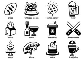 The image is a collection of food and drink icons, including pizza, cake, wine vector