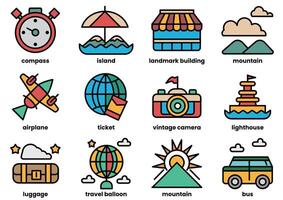 The image is a collection of various travel-related icons, including airplanes vector