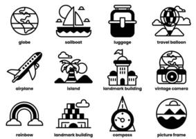 These icons include a plane, a boat, a suitcase, a camera, a clock vector