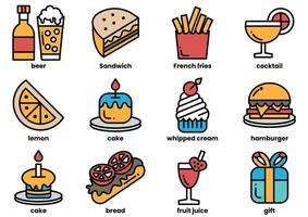 A set of food icons including a sandwich, a hamburger, a cake, a lemon vector