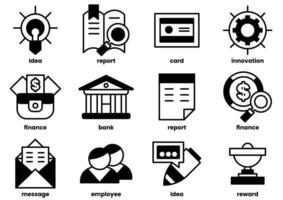 el íconos incluir un banco, un billetera, un libro, un bolígrafo, un reloj, un dólar firmar vector