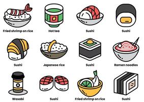 un colección de japonés comida artículos incluso Sushi, ramen, y tempura vector