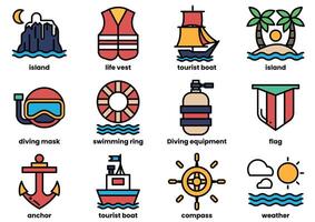 The image is a collection of various water-related icons, including a boat vector