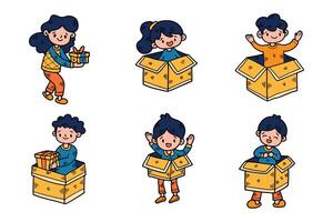 child with gift box Hand drawn illustrations in line art style vector