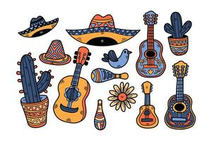 colección de varios musical instrumentos y sombreros, incluso un guitarra vector