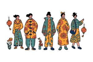 Illustration of characters in Chinese or Japanese style clothing. Hand drawn in line style vector