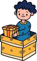 niño con regalo caja mano dibujado ilustraciones en línea Arte estilo vector