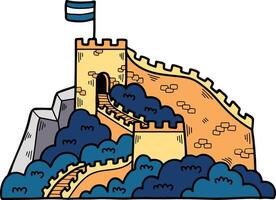 Illustration of Chinese buildings and the Great Wall Hand drawn in line style. vector